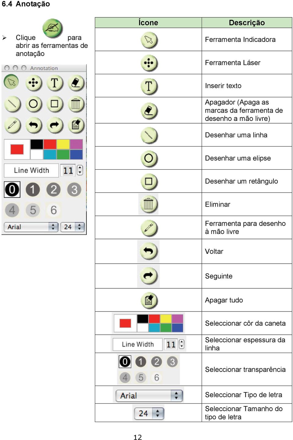 Desenhar um retângulo Eliminar Ferramenta para desenho à mão livre Voltar Seguinte Apagar tudo Seleccionar côr da