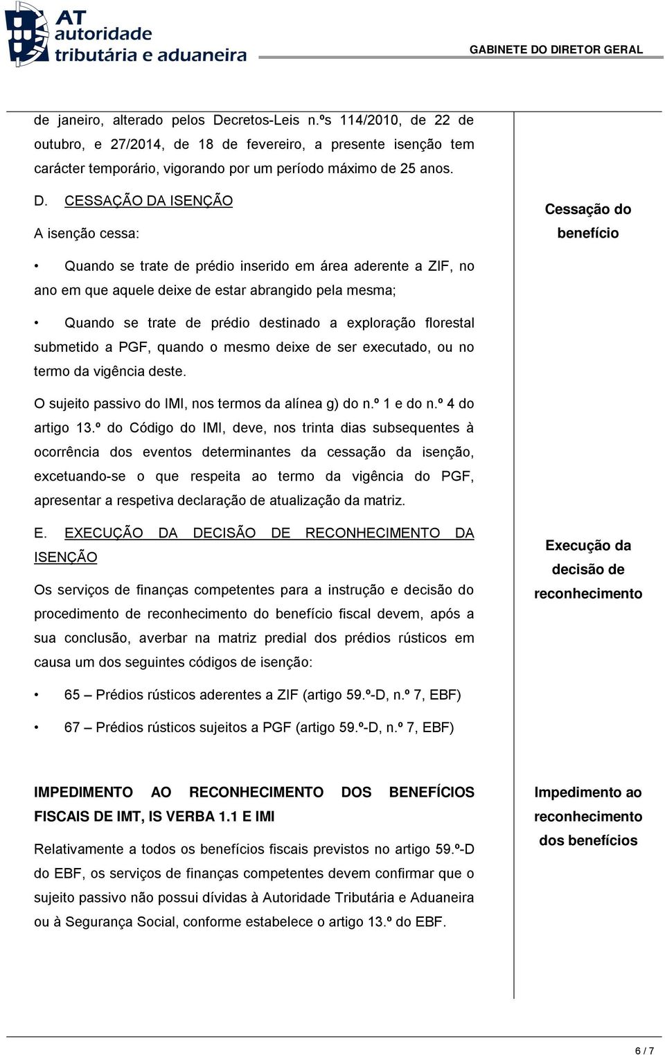 CESSAÇÃO DA ISENÇÃO A isenção cessa: Cessação do benefício Quando se trate de prédio inserido em área aderente a ZIF, no ano em que aquele deixe de estar abrangido pela mesma; Quando se trate de