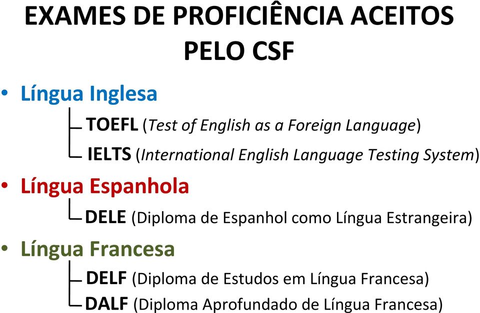 Espanhola DELE (Diploma de Espanhol como Língua Estrangeira) Língua Francesa DELF