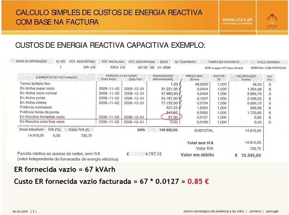 fornecida vazio = 67 kvarh Custo ER fornecida vazio facturada =