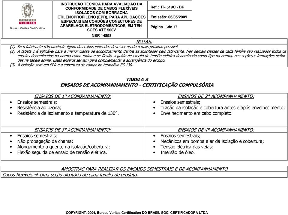 Nas demais classes de cada família são realizados todos os ensaios denominados na norma como rotina e de flexão seguido de ensaio de tensão elétrica denominado como tipo na norma, nas seções e