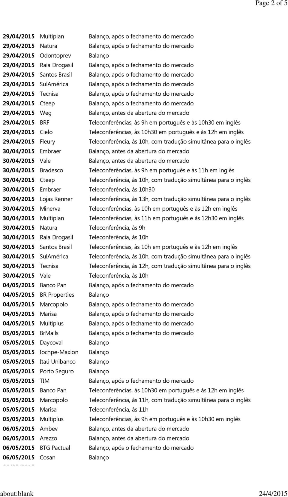 mercado 29/04/2015 Cteep Balanço, após o fechamento do mercado 29/04/2015 Weg Balanço, antes da abertura do mercado 29/04/2015 BRF Teleconferências, às 9h em português e às 10h30 em inglês 29/04/2015