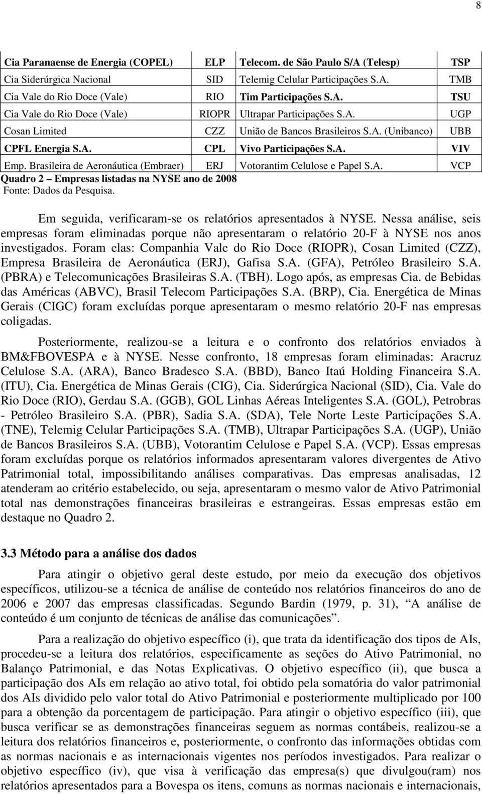 Brasileira de Aeronáutica (Embraer) ERJ Votorantim Celulose e Papel S.A. VCP Quadro 2 Empresas listadas na NYSE ano de 2008 Fonte: Dados da Pesquisa.