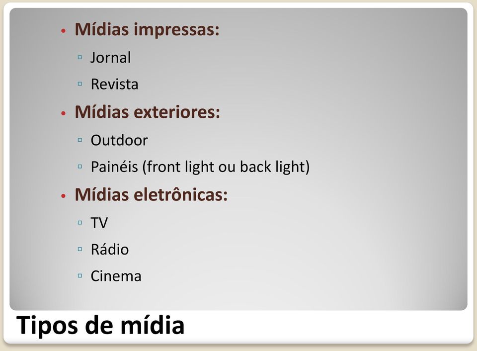 (front light ou back light) Mídias
