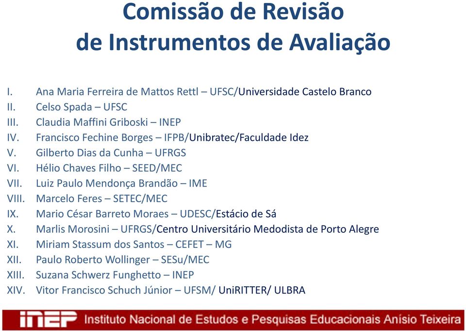 Luiz Paulo Mendonça Brandão IME VIII. Marcelo Feres SETEC/MEC IX. Mario César Barreto Moraes UDESC/Estácio de Sá X.