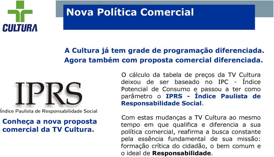 Índice Paulista de Responsabilidade Social. Conheça a nova proposta comercial da TV Cultura.