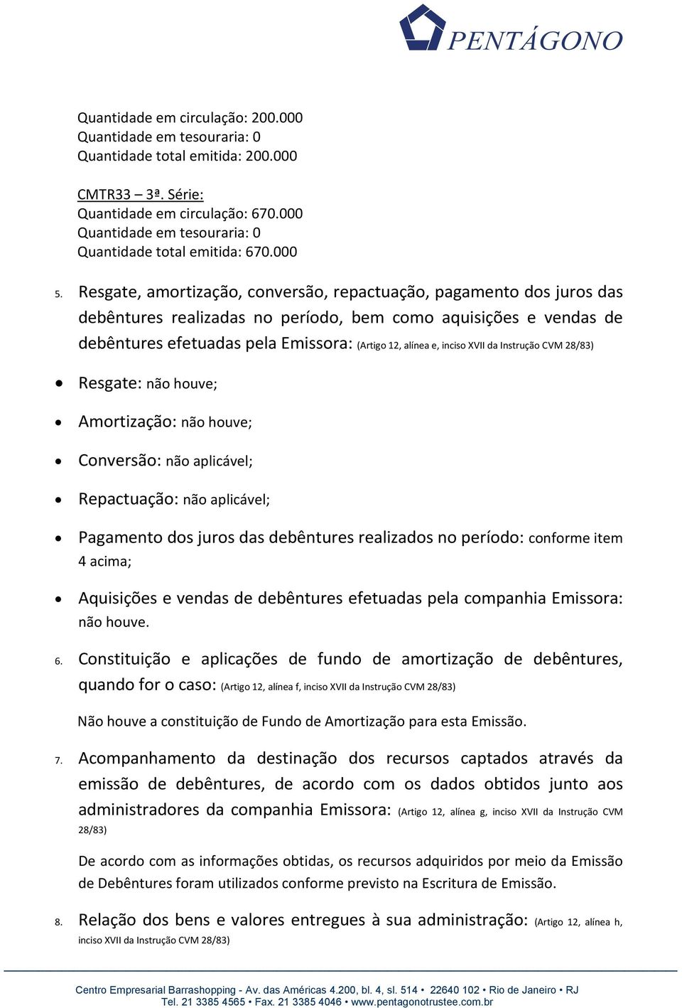 Resgate, amortização, conversão, repactuação, pagamento dos juros das debêntures realizadas no período, bem como aquisições e vendas de debêntures efetuadas pela Emissora: (Artigo 12, alínea e,