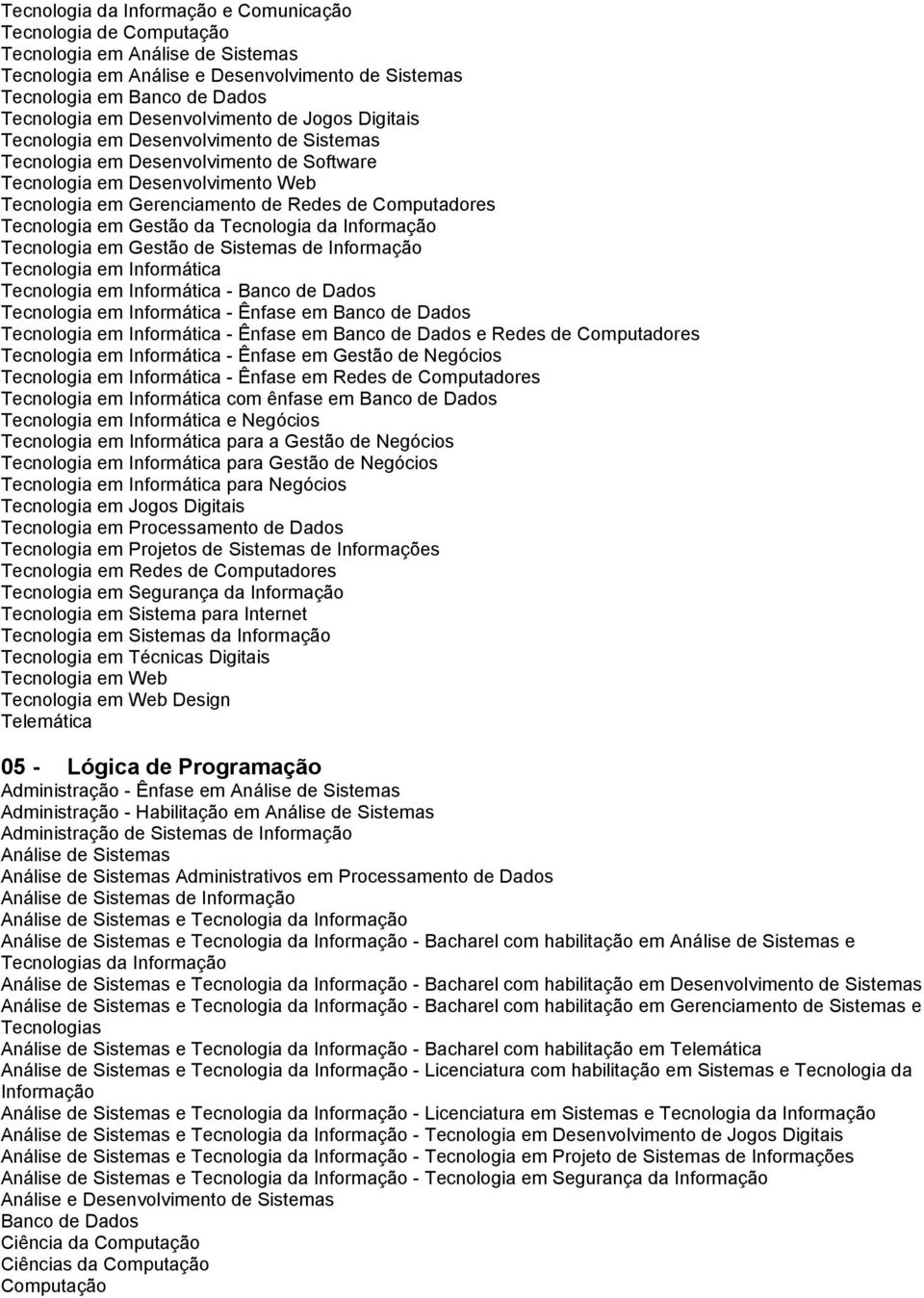 Administração - Ênfase em Administração - Habilitação em Administrativos em de Informação - Bacharel com habilitação em e Tecnologias da Informação - Bacharel com habilitação em Desenvolvimento de