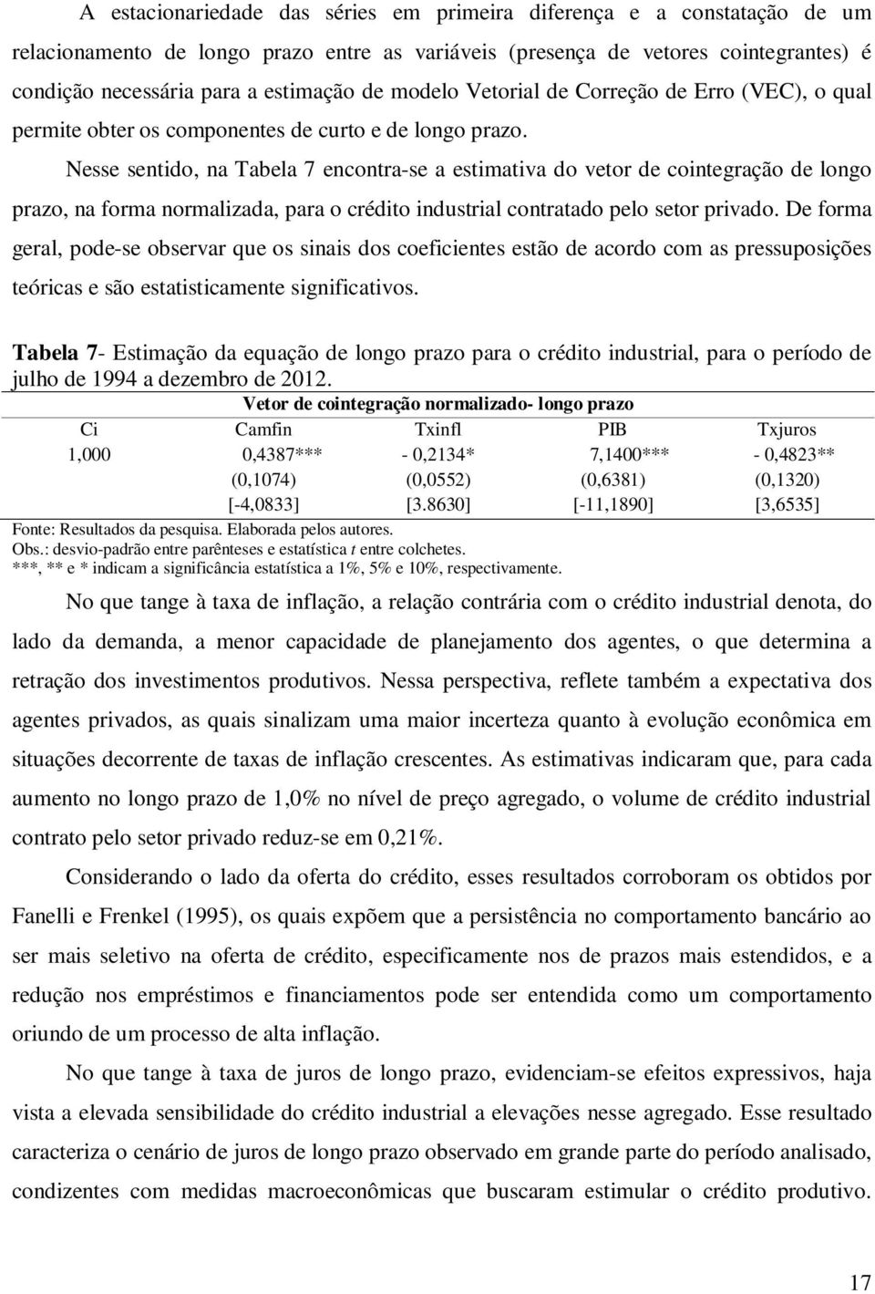 Nesse senido, na Tabela 7 enconra-se a esimaiva do veor de coinegração de longo prazo, na forma normalizada, para o crédio indusrial conraado pelo seor privado.