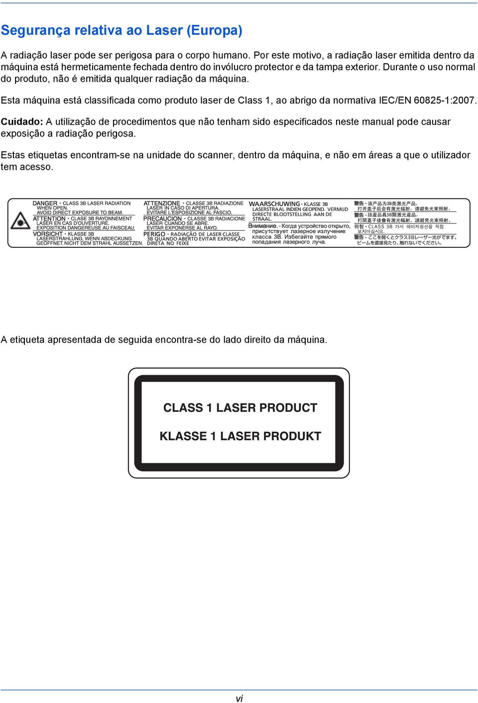 Durante o uso normal do produto, não é emitida qualquer radiação da máquina. Esta máquina está classificada como produto laser de Class 1, ao abrigo da normativa IEC/EN 60825-1:2007.