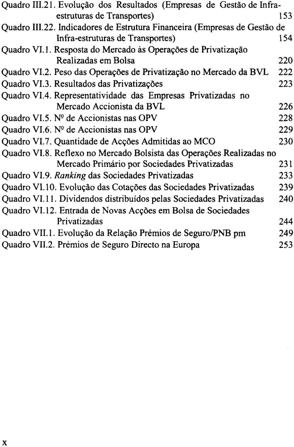 0 Quadro VI.2. Peso das Operações de Privatização no Mercado da BVL 222 Quadro VI.3. Resultados das Privatizações 223 Quadro VI.4.