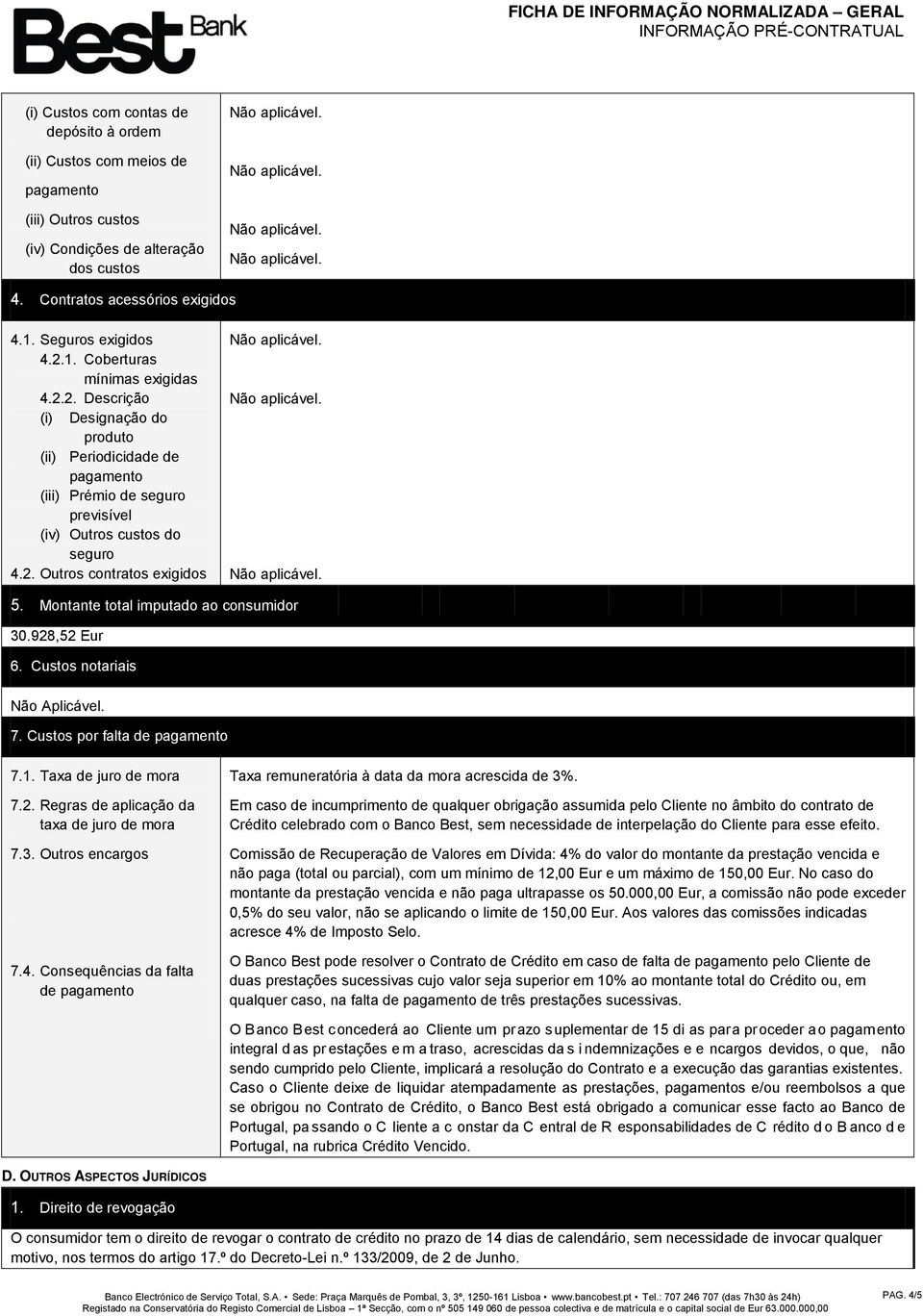 Montante total imputado ao consumidor 30.928,52 Eur 6. Custos notariais 7. Custos por falta de pagamento 7.1. Taxa de juro de mora 7.2. Regras de aplicação da taxa de juro de mora 7.3. Outros encargos 7.