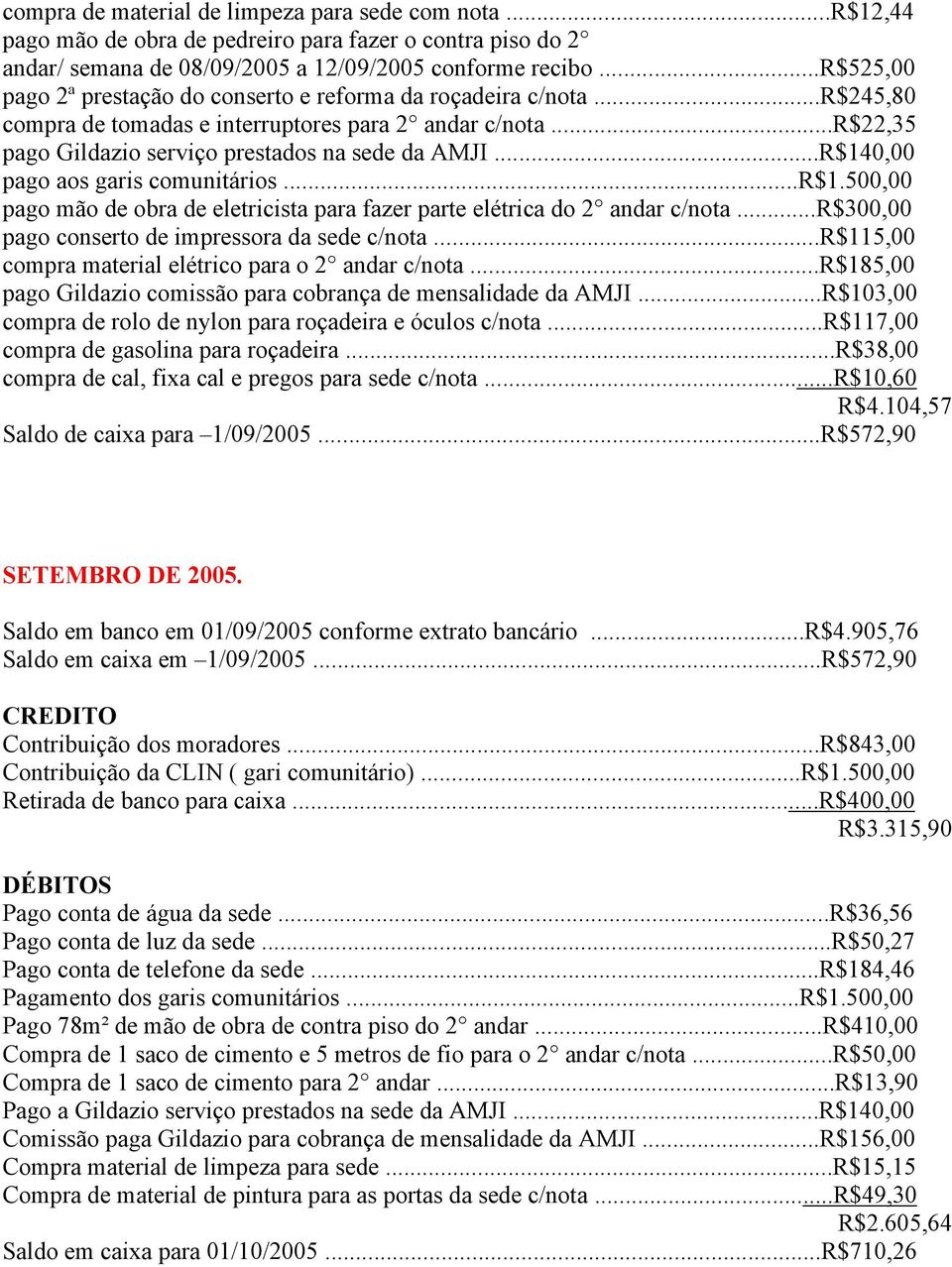 ..R$140,00 pago aos garis comunitários...r$1.500,00 pago mão de obra de eletricista para fazer parte elétrica do 2 andar c/nota...r$300,00 pago conserto de impressora da sede c/nota.