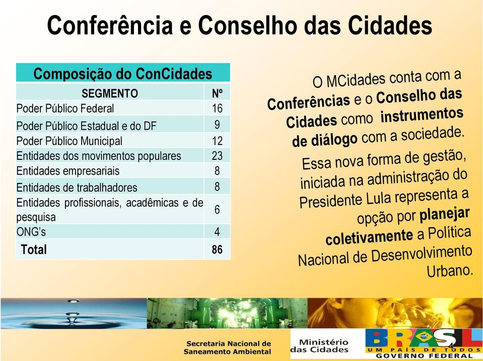 pesquisa 6 ONG s 4 Total 86 O MCidades conta com a Conferências e o Conselho das Cidades como instrumentos de diálogo com a sociedade.