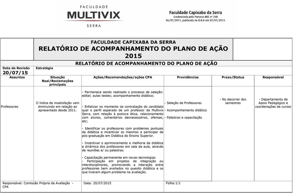 Serra, com relação à postura ética, relacionamento com alunos, comentários desnecessários, ofensas, etc; - Seleção de Professores - Acompanhamento didático - Palestras e capacitação - No decorrer dos