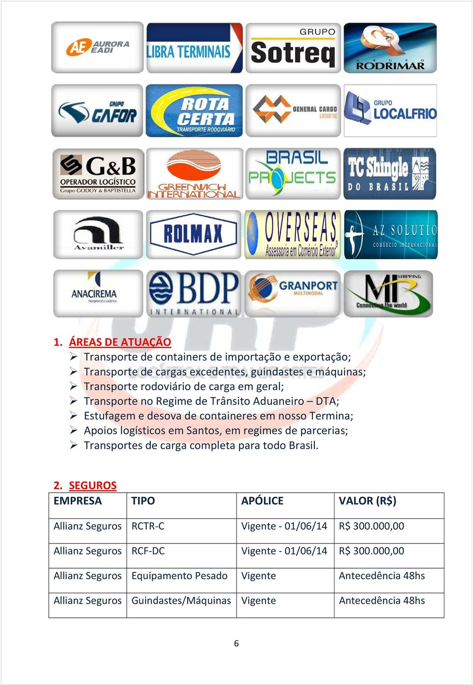 Transportes de carga completa para todo Brasil. 2. SEGUROS EMPRESA TIPO APÓLICE VALOR (R$) Allianz Seguros RCTR-C Vigente - 01/06/14 R$ 300.