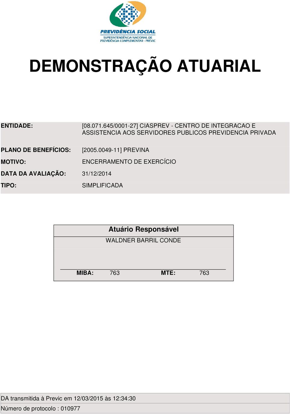 PREVIDENCIA PRIVADA PLANO DE BENEFÍCIOS: MOTIVO: DATA DA AVALIAÇÃO: [2005.