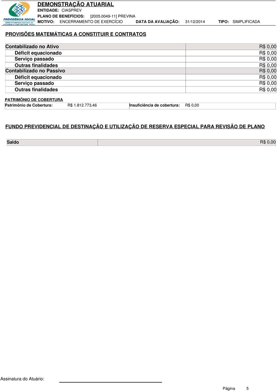 finalidades PATRIMÔNIO DE COBERTURA Patrimônio de Cobertura: R$ 1.812.