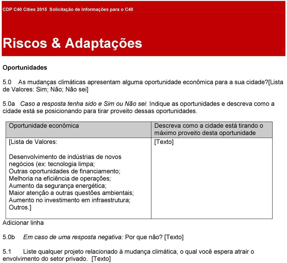 Oportunidade econômica Valores: Descreva como a cidade está tirando o máximo proveito desta oportunidade Desenvolvimento de indústrias de novos negócios (ex: tecnologia limpa; Outras oportunidades de