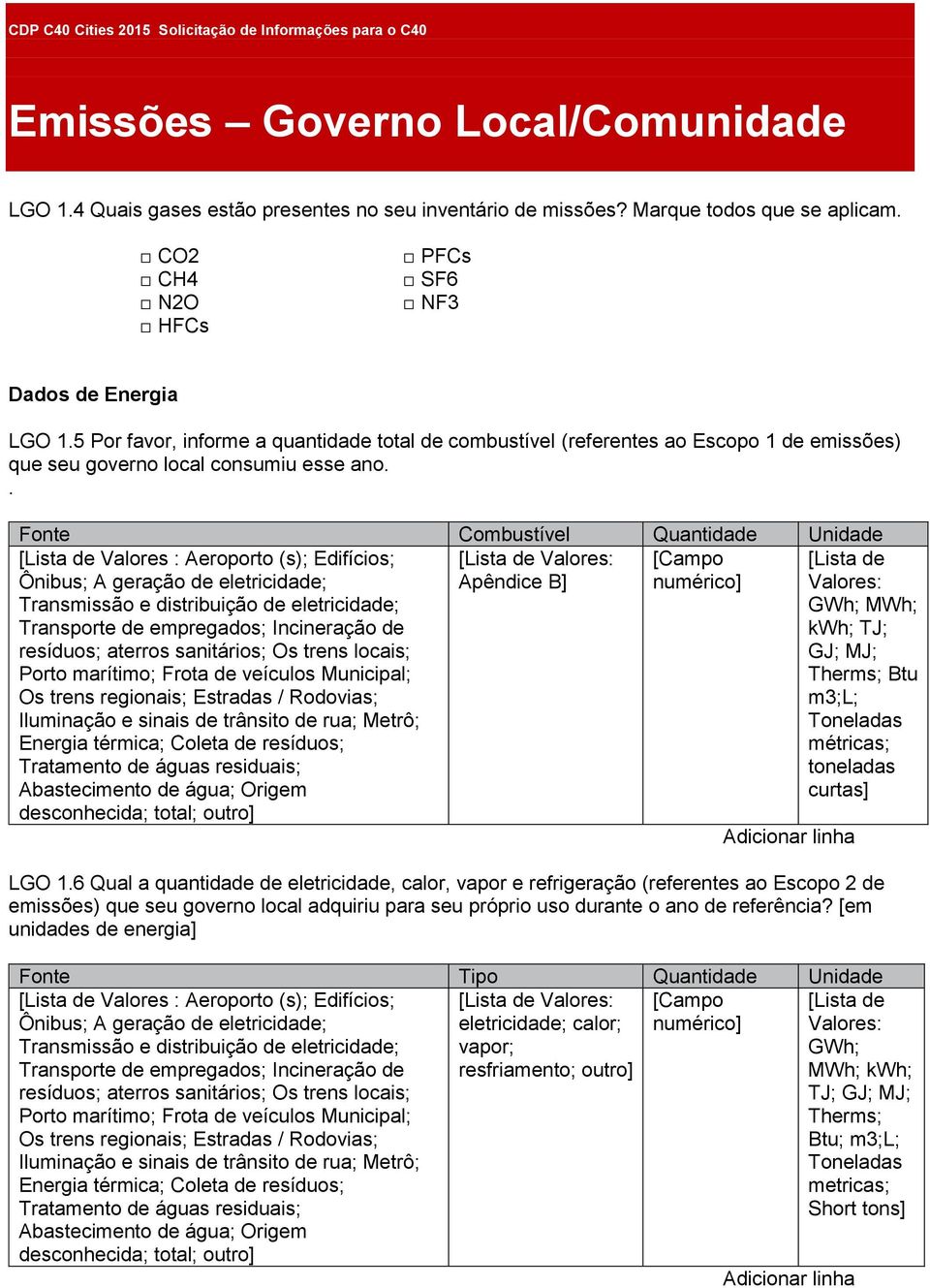 . Fonte Combustível Quantidade Unidade Valores : Aeroporto (s); Edifícios; Ônibus; A geração de eletricidade; Transmissão e distribuição de eletricidade; Transporte de empregados; Incineração de