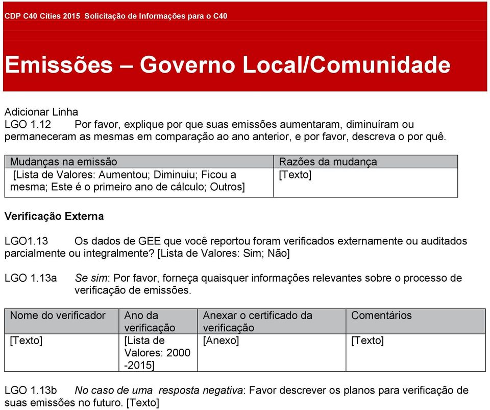 Mudanças na emissão Valores: Aumentou; Diminuiu; Ficou a mesma; Este é o primeiro ano de cálculo; Outros] Razões da mudança Verificação Externa LGO1.