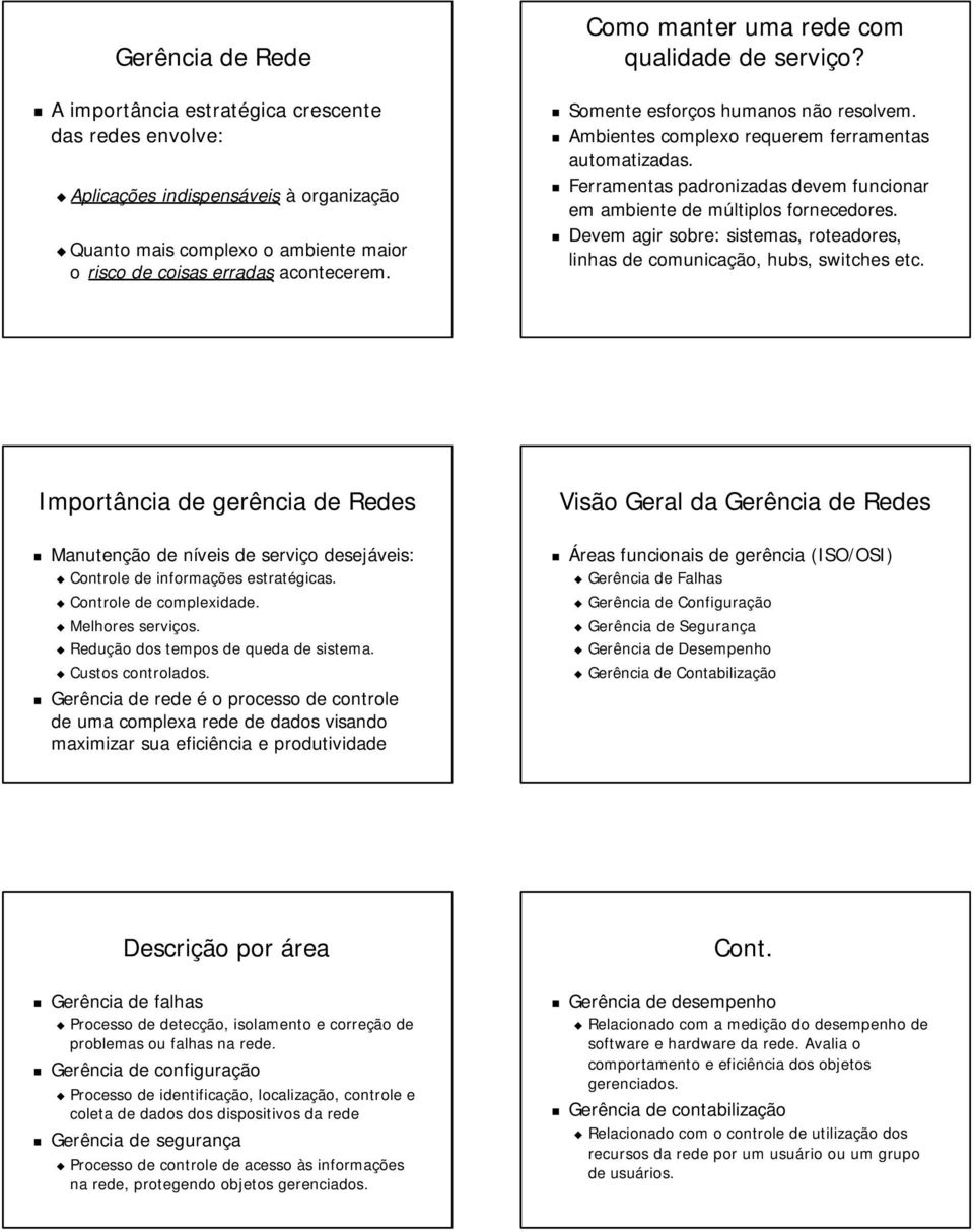 Ferramentas padronizadas devem funcionar em ambiente de múltiplos fornecedores. Devem agir sobre: sistemas, roteadores, linhas de comunicação, hubs, switches etc.