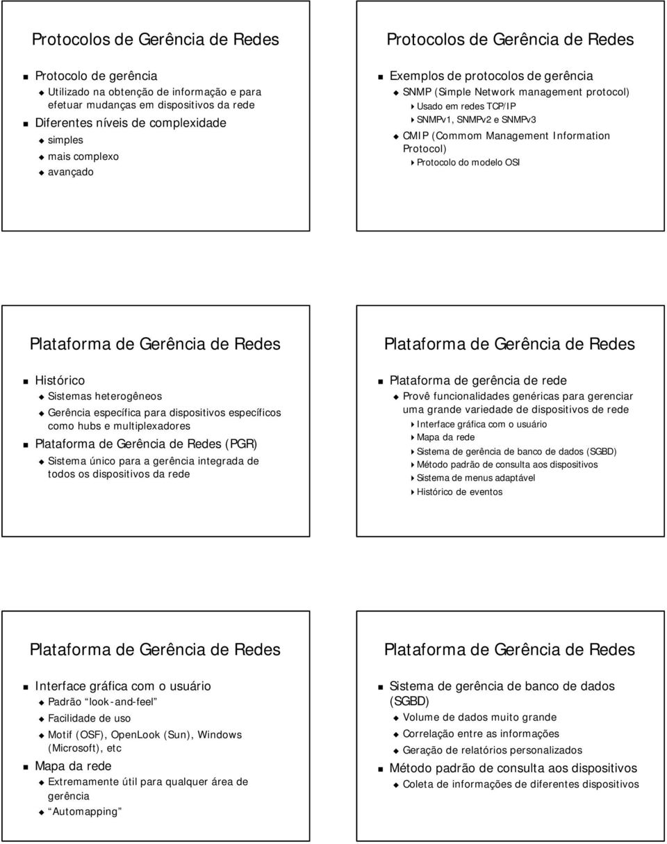 Protocol) Protocolo do modelo OSI Histórico Sistemas heterogêneos Gerência específica para dispositivos específicos como hubs e multiplexadores (PGR) Sistema único para a gerência integrada de todos