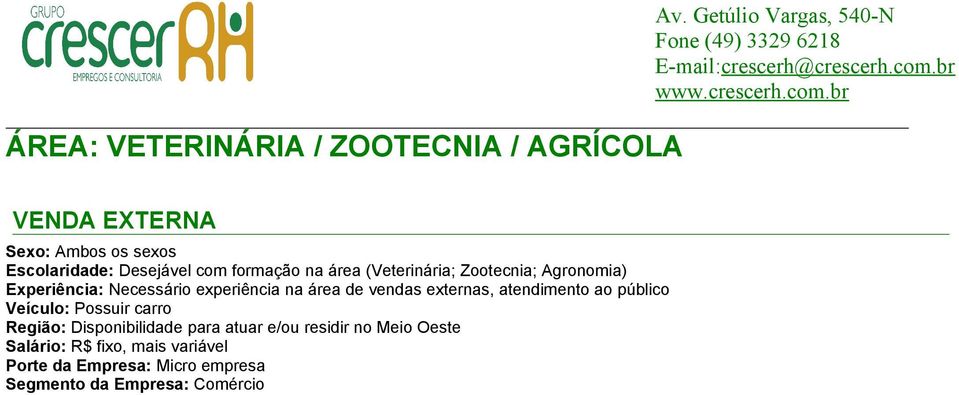 experiência na área de vendas externas, atendimento ao público Veículo: Possuir carro Região: