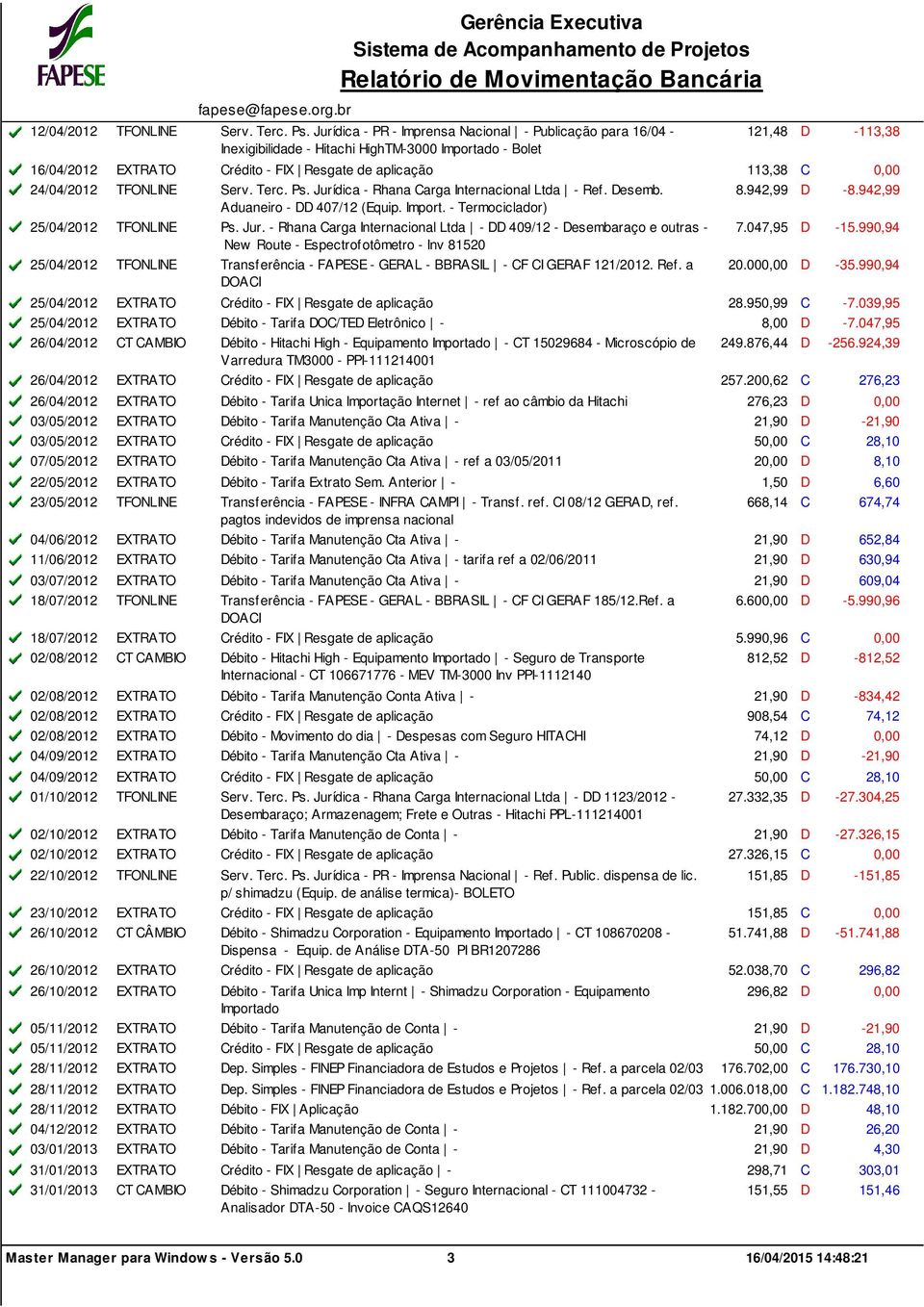 24/04/2012 TFONLINE Serv. Terc. Ps. Jurídica - Rhana Carga Internacional Ltda - Ref. Desemb. 8.942,99 D -8.942,99 Aduaneiro - DD 407/12 (Equip. Import. - Termociclador) 25/04/2012 TFONLINE Ps. Jur. - Rhana Carga Internacional Ltda - DD 409/12 - Desembaraço e outras - 7.