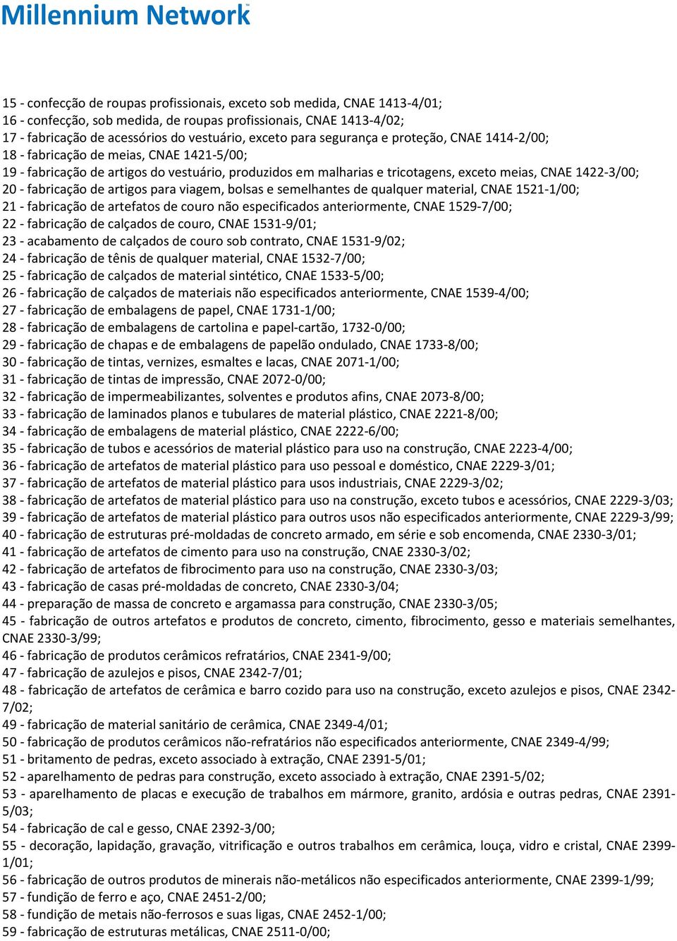 fabricação de artigos para viagem, bolsas e semelhantes de qualquer material, CNAE 1521-1/00; 21 - fabricação de artefatos de couro não especificados anteriormente, CNAE 1529-7/00; 22 - fabricação de