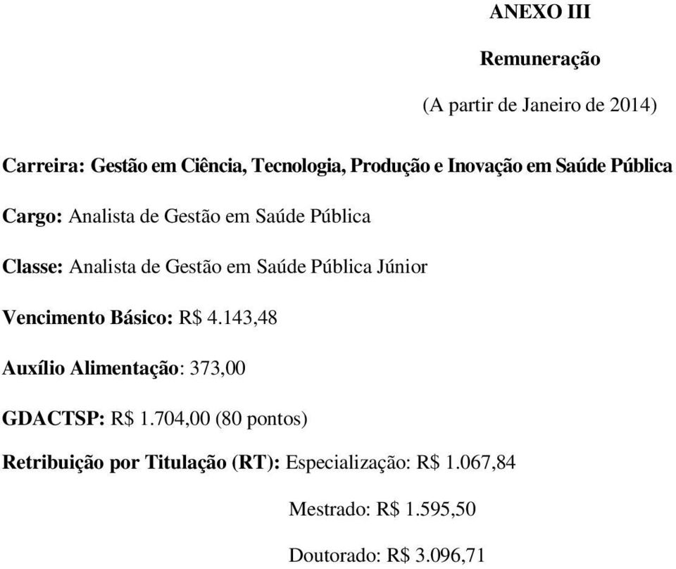 Pública Júnior Vencimento Básico: R$ 4.143,48 Auxílio Alimentação: 373,00 GDACTSP: R$ 1.