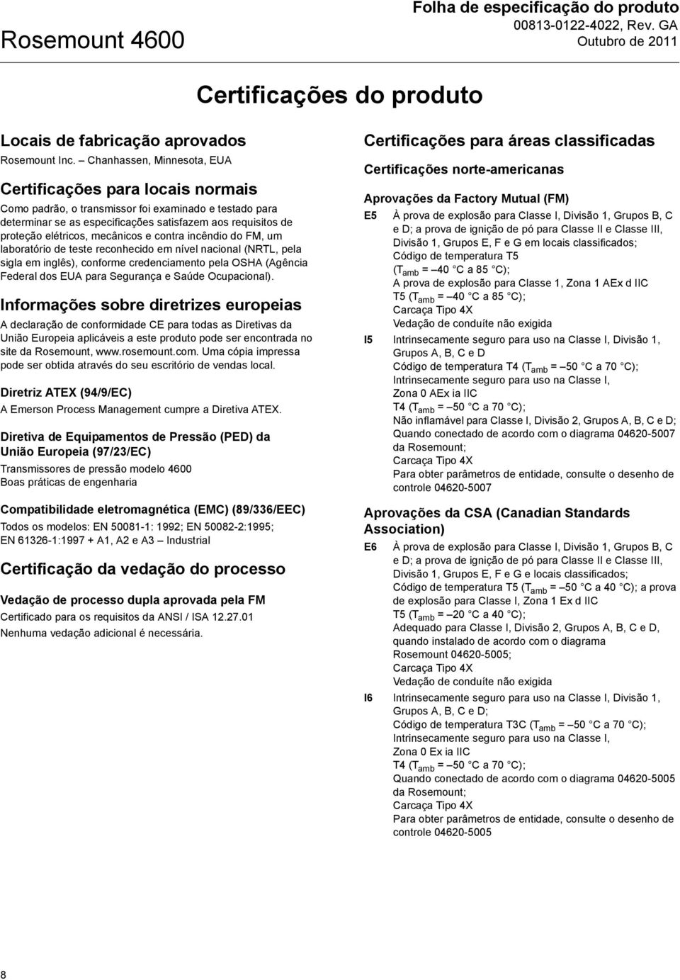 mecânicos e contra incêndio do FM, um laboratório de teste reconhecido em nível nacional (NRTL, pela sigla em inglês), conforme credenciamento pela OSHA (Agência Federal dos EUA para Segurança e