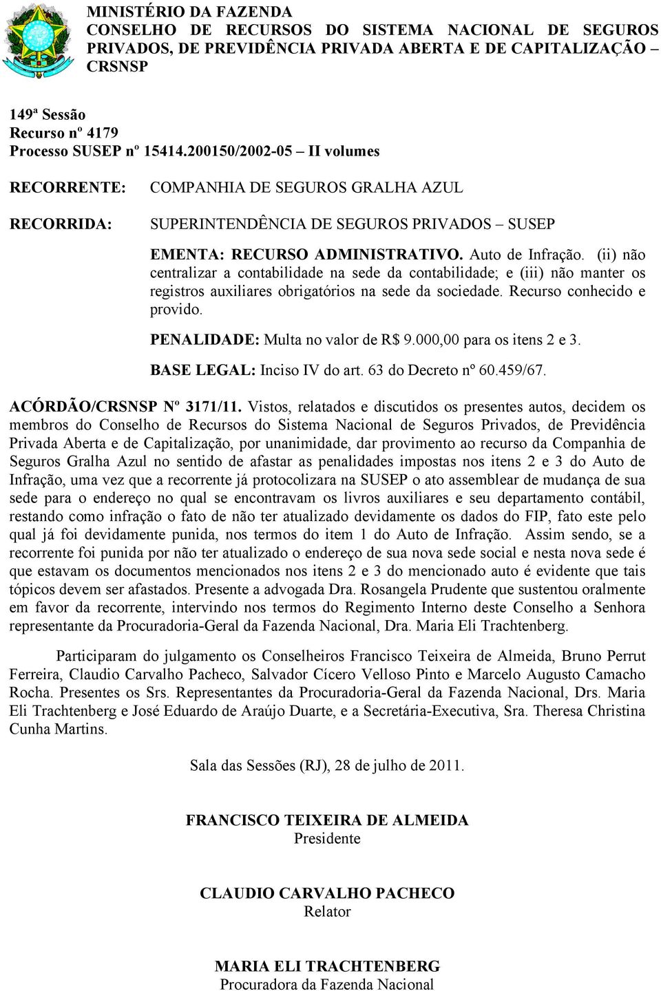 PENALIDADE: Multa no valor de R$ 9.000,00 para os itens 2 e 3. BASE LEGAL: Inciso IV do art. 63 do Decreto nº 60.459/67. ACÓRDÃO/ Nº 3171/11.