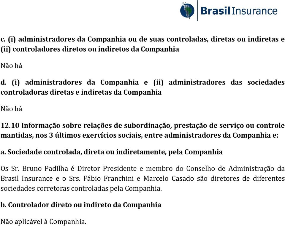 10 Informação sobre relações de subordinação, prestação de serviço ou controle mantidas, nos 3 últimos exercícios sociais, entre administradores da Companhia e: a.