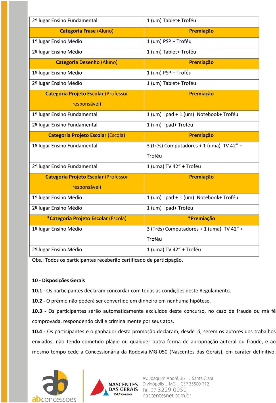 lugar Ensino Fundamental 1 (um) Ipad+ Troféu Categoria Projeto Escolar (Escola) 1º lugar Ensino Fundamental 3 (três) Computadores + 1 (uma) TV 42 + Troféu 2º lugar Ensino Fundamental 1 (uma) TV 42 +