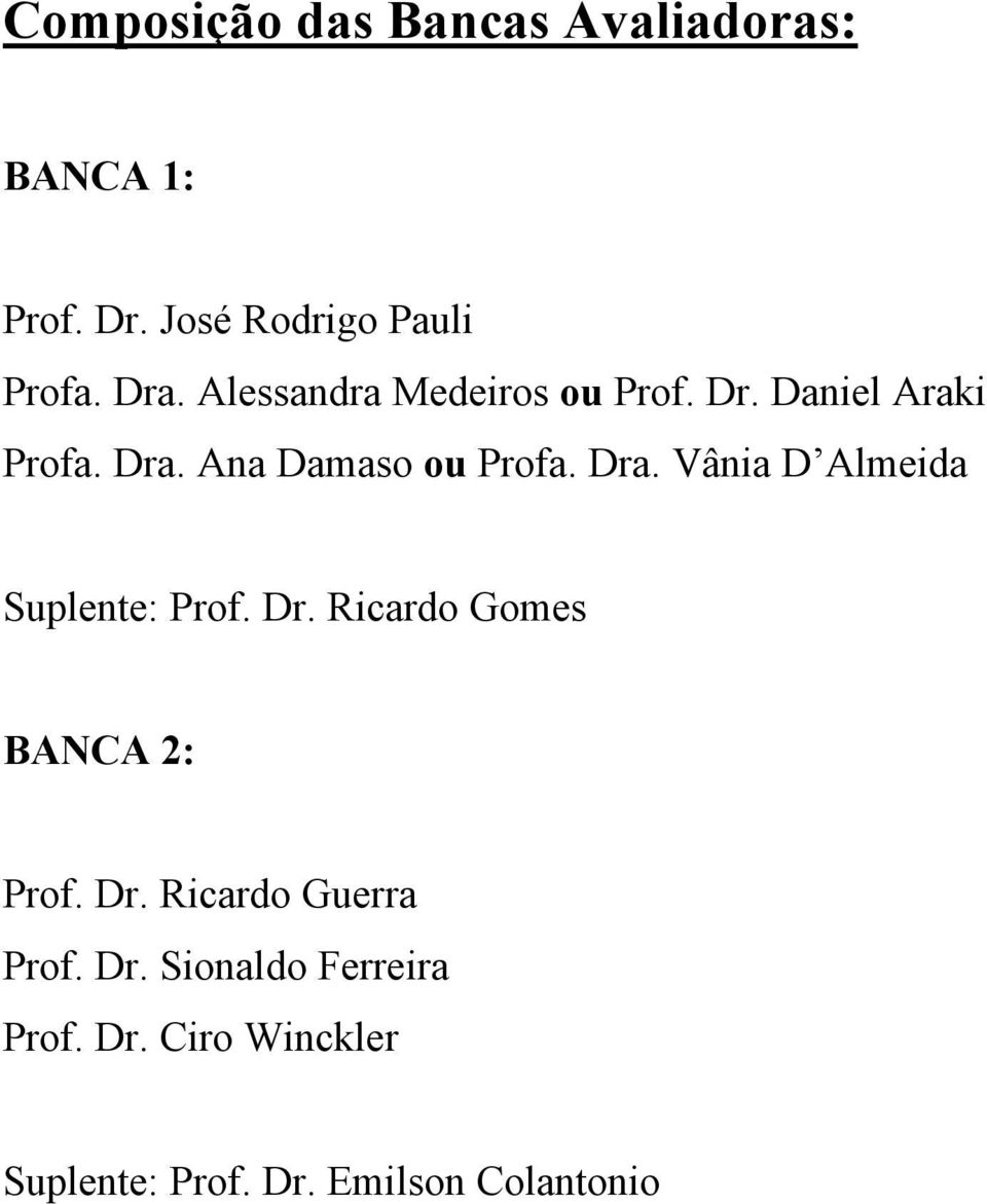 Ana Damaso ou Profa. Dra. Vânia D Almeida Suplente: Prof. Dr. Ricardo Gomes BANCA 2: Prof.