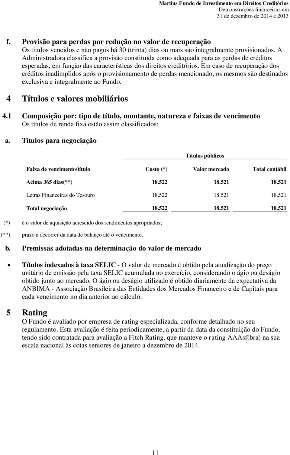 Em caso de recuperação dos créditos inadimplidos após o provisionamento de perdas mencionado, os mesmos são destinados exclusiva e integralmente ao Fundo. 4 Títulos e valores mobiliários 4.