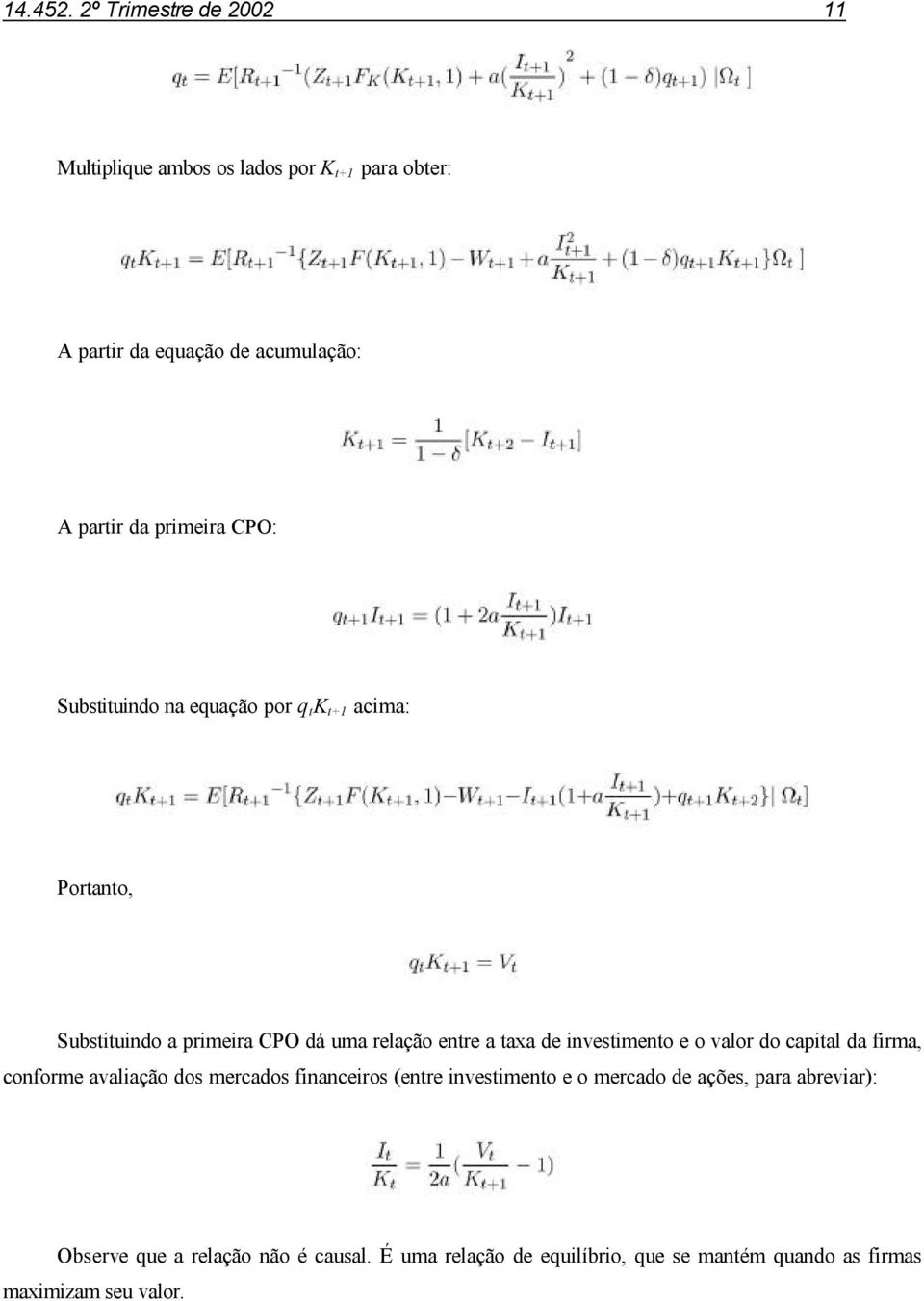 CPO: Substituindo na equação por q t K t+1 acima: Portanto, Substituindo a primeira CPO dá uma relação entre a taxa de