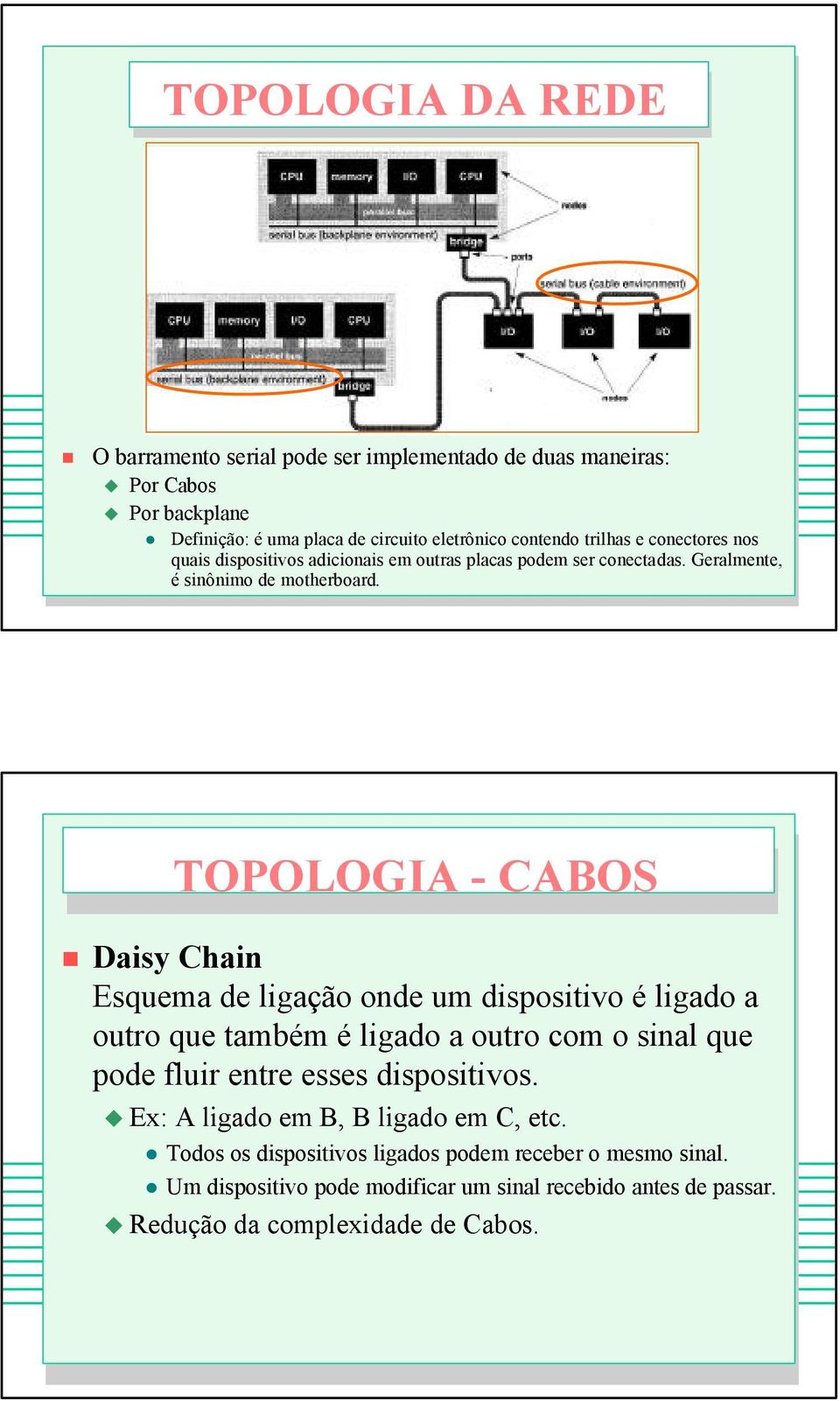 TOPOLOGIA - CABOS Daisy Chain Esquema de ligação onde um dispositivo é ligado a outro que também é ligado a outro com o sinal que pode fluir entre esses