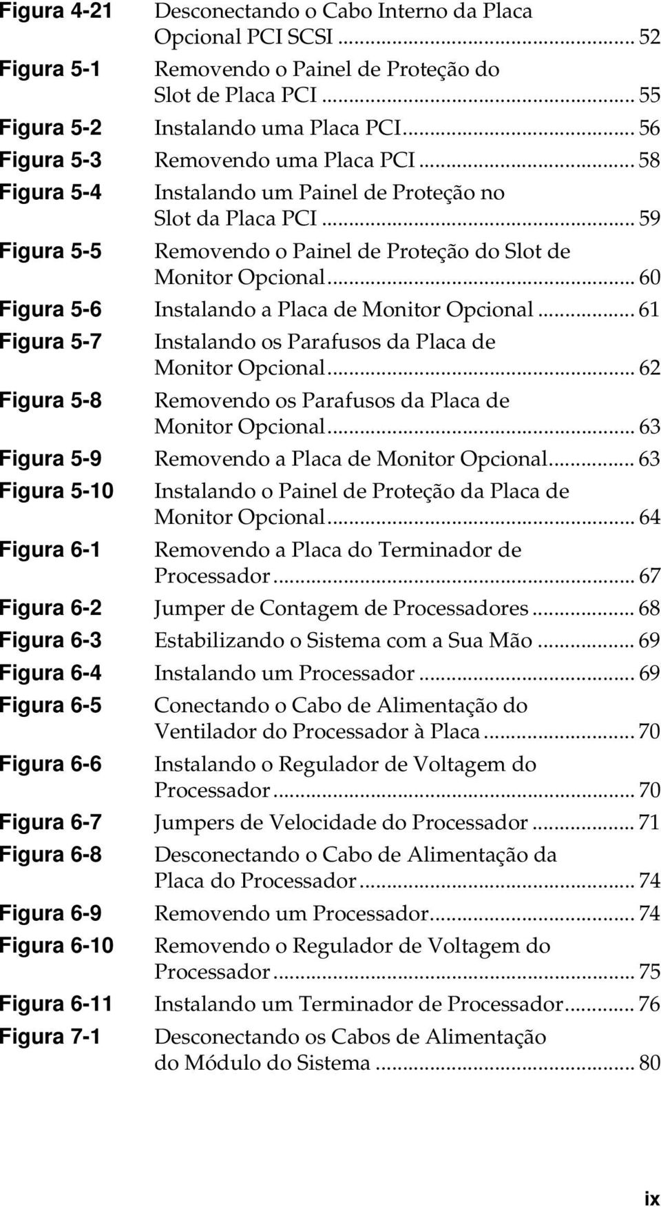 .. 60 Figura 5-6 Instalando a Placa de Monitor Opcional... 61 Figura 5-7 Instalando os Parafusos da Placa de Monitor Opcional... 62 Figura 5-8 Removendo os Parafusos da Placa de Monitor Opcional.
