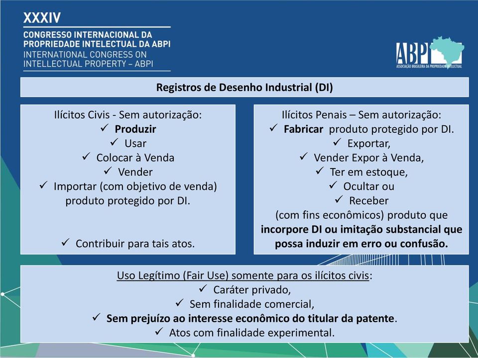 Exportar, Vender Expor à Venda, Ter em estoque, Ocultar ou Receber (com fins econômicos) produto que incorpore DI ou imitação substancial que possa induzir