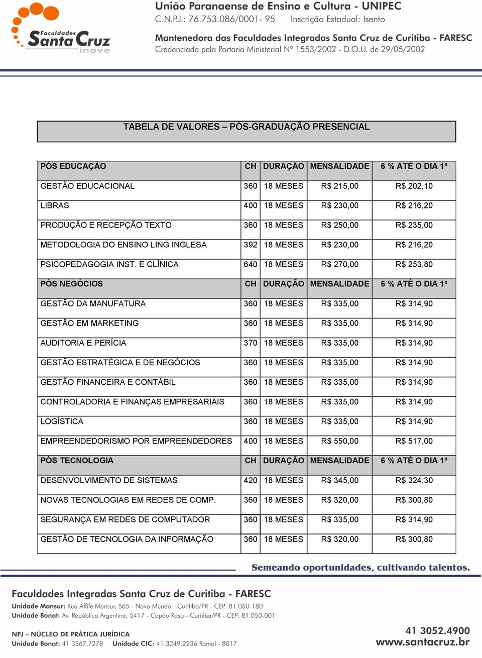 E CLÍNICA 640 18 MESES R$ 270,00 R$ 253,80 PÓS NEGÓCIOS CH DURAÇÃO MENSALIDADE 6 % ATÉ O DIA 1º GESTÃO DA MANUFATURA 360 18 MESES R$ 335,00 R$ 314,90 GESTÃO EM MARKETING 360 18 MESES R$ 335,00 R$