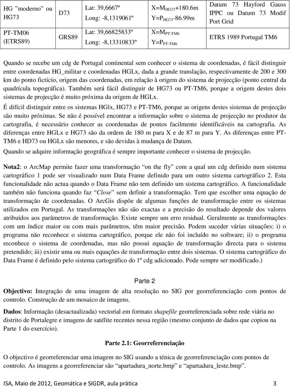 Portugal continental sem conhecer o sistema de coordenadas, é fácil distinguir entre coordenadas HG_militar e coordenadas HGLx, dada a grande translação, respectivamente de 200 e 300 km do ponto