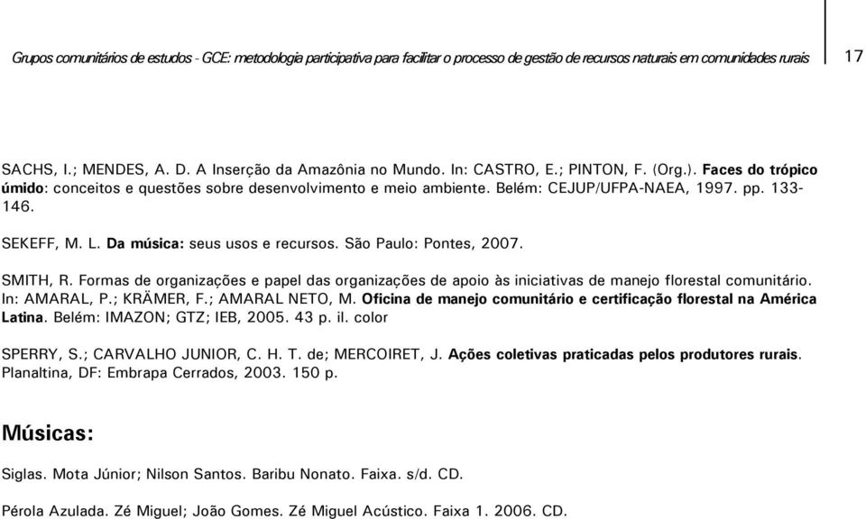 SEKEFF, M. L. Da música: seus usos e recursos. São Paulo: Pontes, 2007. SMITH, R. Formas de organizações e papel das organizações de apoio às iniciativas de manejo florestal comunitário.