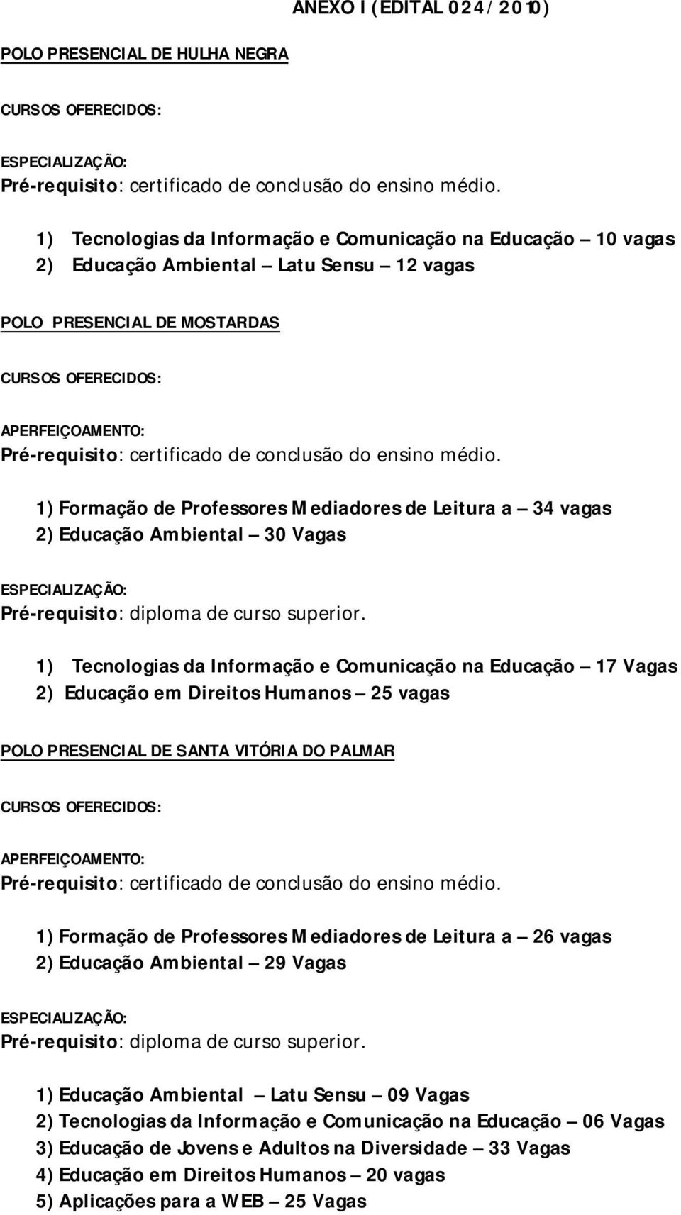 Humanos 25 vagas POLO PRESENCIAL DE SANTA VITÓRIA DO PALMAR 1) Formação de Professores Mediadores de Leitura a 26 vagas 2) Educação Ambiental 29 Vagas 1) Educação Ambiental Latu Sensu 09