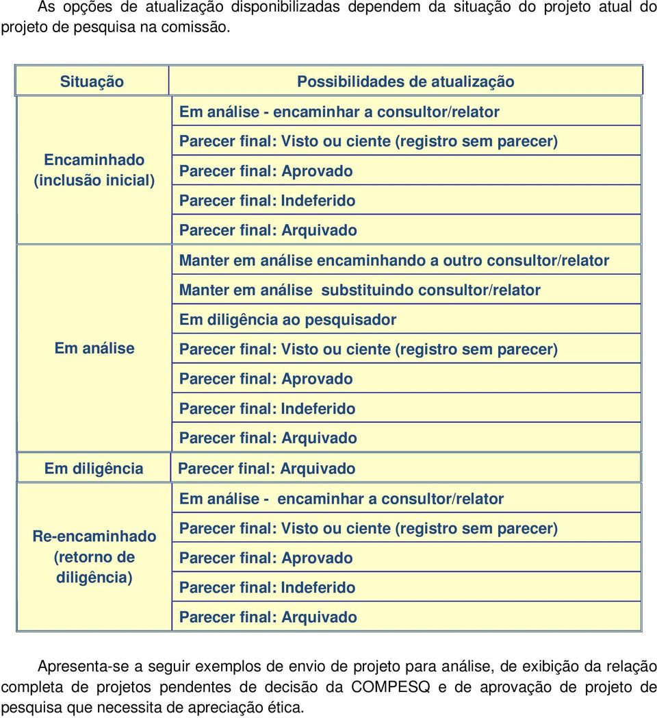 final: Indeferido Parecer final: Arquivado Manter em análise encaminhando a outro consultor/relator Manter em análise substituindo consultor/relator Em diligência ao pesquisador Em análise Parecer