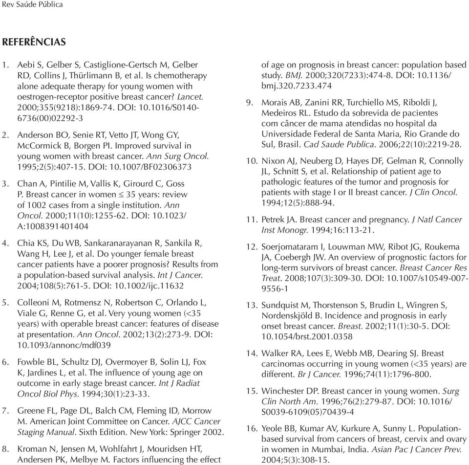 Anderson BO, Senie RT, Vetto JT, Wong GY, McCormick B, Borgen PI. Improved survival in young women with breast cancer. Ann Surg Oncol. 1995;2(5):407-15. DOI: 10.1007/BF02306373 3.