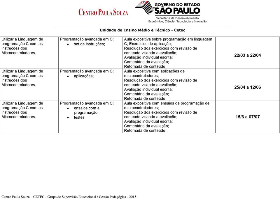 Programação avançada em C: set de instruções; Programação avançada em C: aplicações; Programação avançada em C: ensaios com a programação; testes Aula expositiva sobre