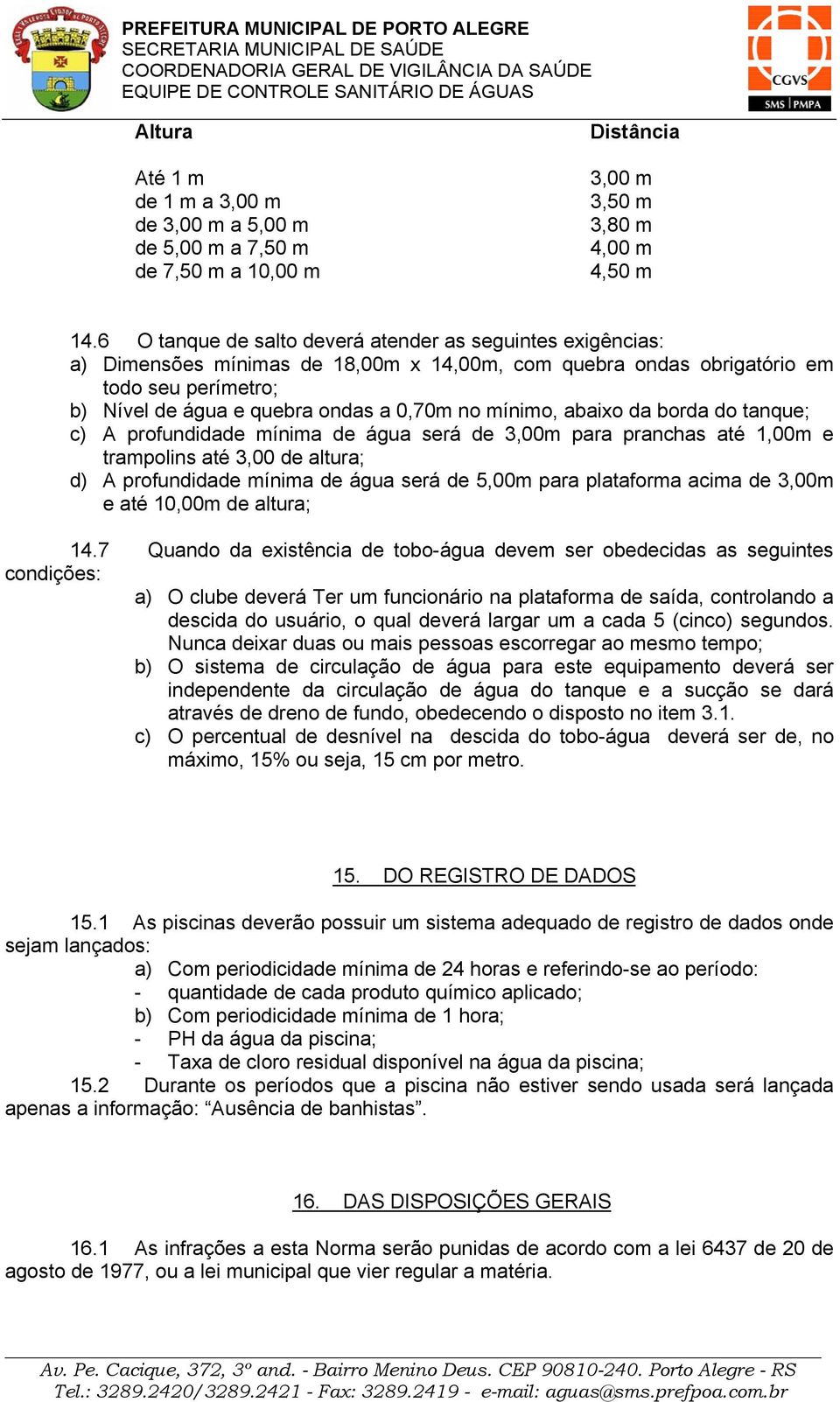 mínimo, abaixo da borda do tanque; c) A profundidade mínima de água será de 3,00m para pranchas até 1,00m e trampolins até 3,00 de altura; d) A profundidade mínima de água será de 5,00m para