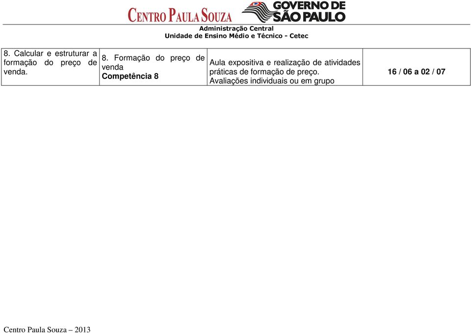 e realização de atividades práticas de formação de preço.